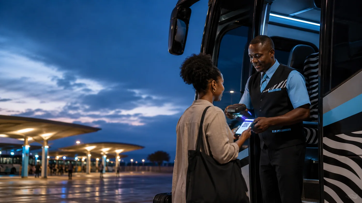 Passenger showing QR ticket to conductor at boarding